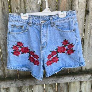 ASOS Liquor N Poker High Rise Denim Short Rose Embroidery Lightwash UK 10 US 6